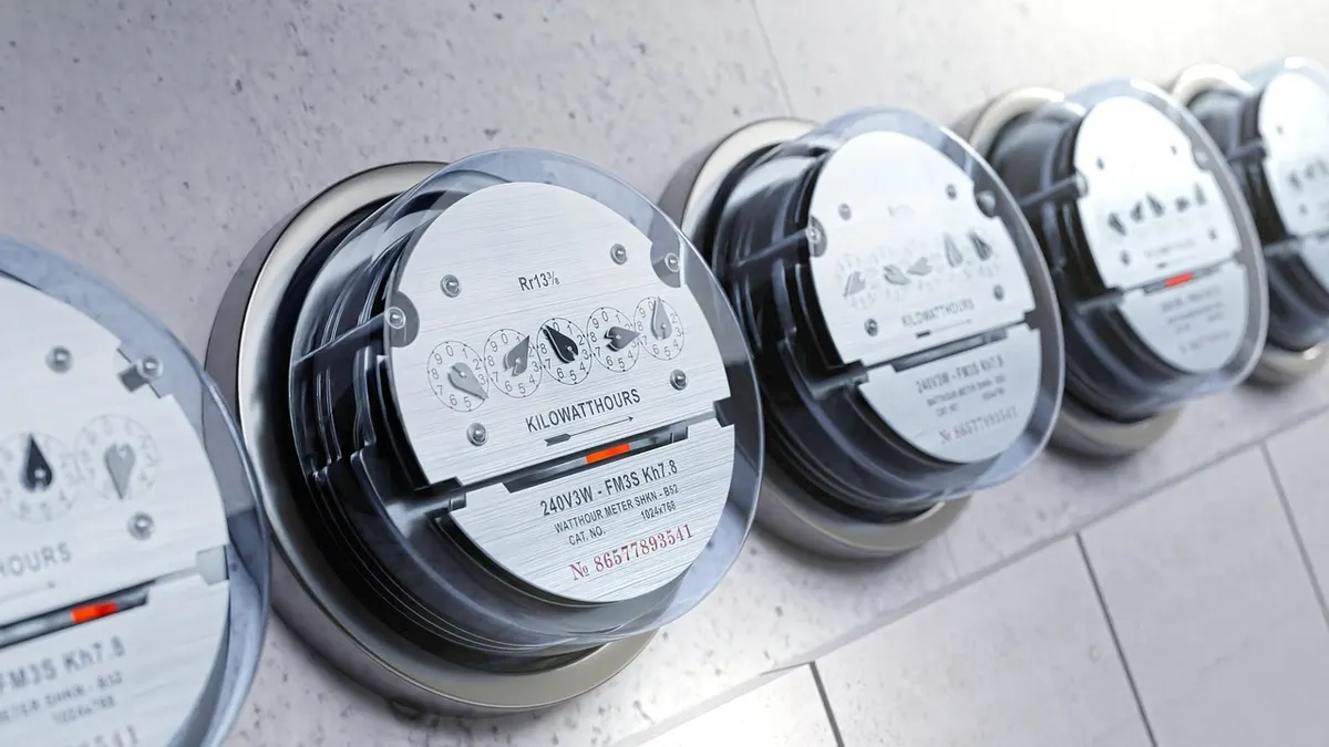 Fileira de medidores de energia elétrica presos em parede